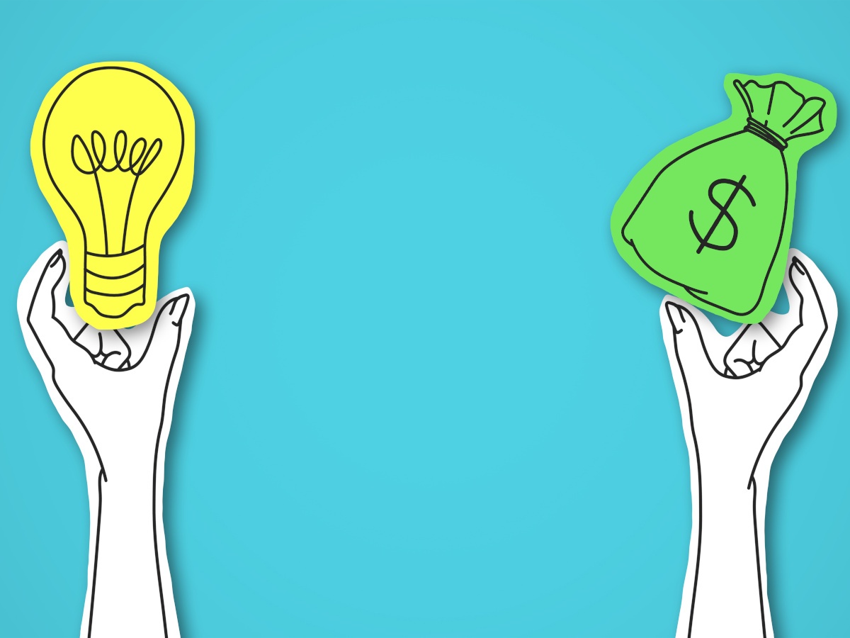 Two cartoon hands, one holding a light bulb and one holding a money bad, representing funding.