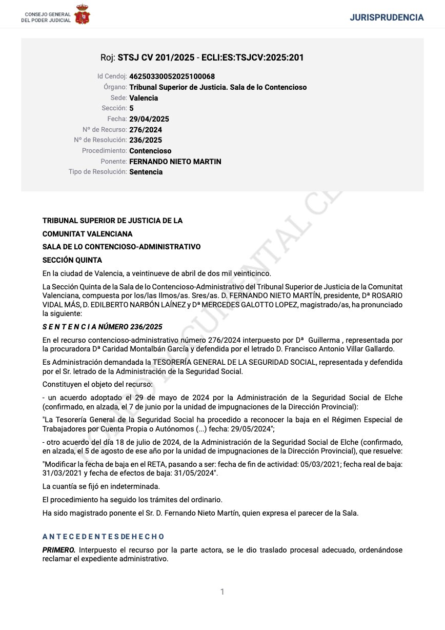 Uittreksel uit de uitspraak van het Hooggerechtshof van de Valenciaanse Gemeenschap 236/2025 