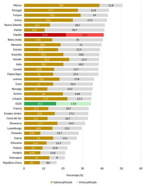 Mismatches in vaardigheden in de OESO in 2019, gebaseerd op OESO-gegevens uit 2022