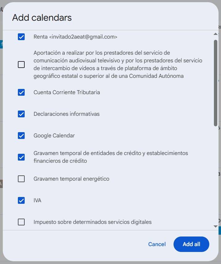 Bij de Belastingdienst kunt u uit een lijst de belastingen selecteren die u aan de Google Agenda wilt toevoegen. Bron: AEAT