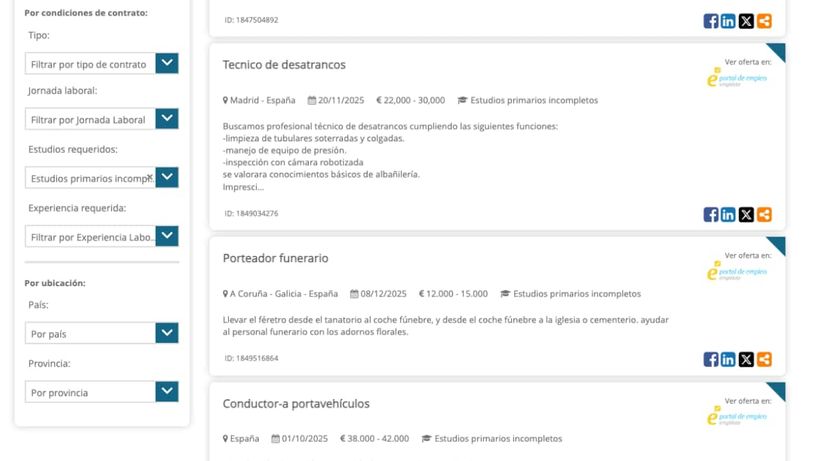 Screenshot van het banenportaal met verschillende vacatures