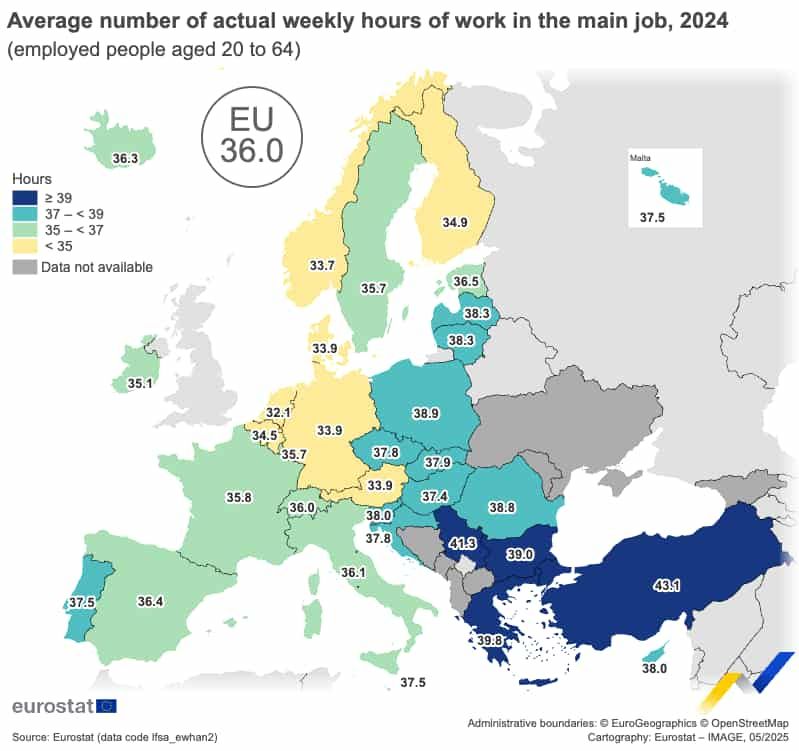 Kaart van de werkdag in Europa