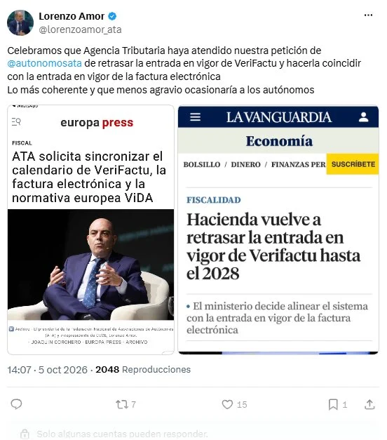 De president van ATA, Lorenzo Amor, heeft gevierd dat de AEAT de Verifactu-kalender gaat aanpassen.